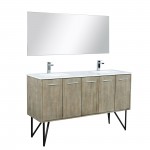 Lancy 60" Rustic Acacia Double Vanity, White Quartz Top, Square Sinks, Balzani Gun Metal Faucet Set, and 55" Mirror