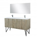 Lancy 60" Rustic Acacia Double Vanity, White Quartz Top, Square Sinks, Balzani Gun Metal Faucet Set, and 55" Mirror