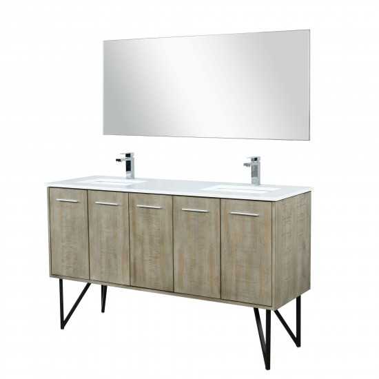 Lancy 60" Rustic Acacia Double Vanity, White Quartz Top, Square Sinks, Balzani Gun Metal Faucet Set, and 55" Mirror
