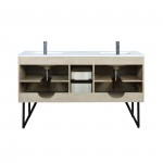 Lancy 60" Rustic Acacia Double Vanity, White Quartz Top, Square Sinks, Balzani Gun Metal Faucet Set, and 55" Mirror