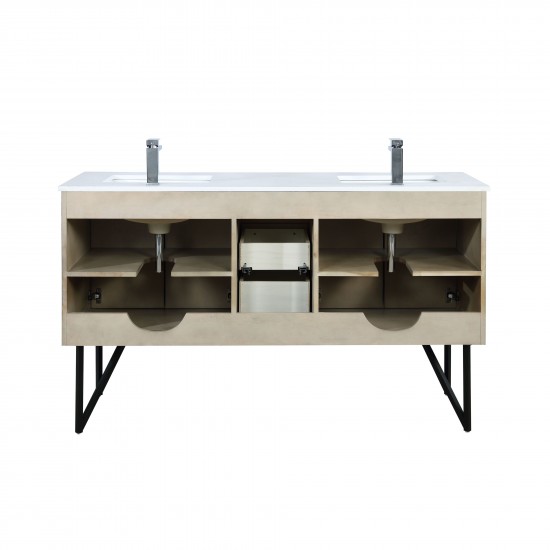 Lancy 60" Rustic Acacia Double Vanity, White Quartz Top, Square Sinks, Balzani Gun Metal Faucet Set, and 55" Mirror