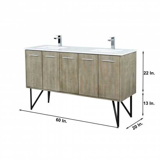 Lancy 60" Rustic Acacia Double Vanity, White Quartz Top, Square Sinks, Balzani Gun Metal Faucet Set, and 55" Mirror