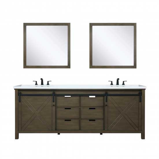 Marsyas 84" Rustic Brown Double Vanity, White Quartz Top, White Square Sinks and 34" Mirrors w/ Faucets