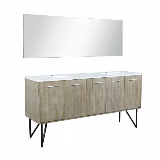 Lancy 72" Rustic Acacia Double Bathroom Vanity, White Quartz Top, White Square Sinks, and 70" Frameless Mirror