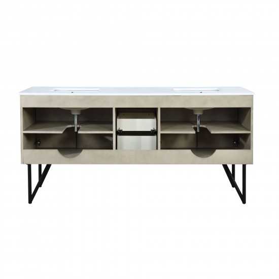 Lancy 72" Rustic Acacia Double Bathroom Vanity, White Quartz Top, White Square Sinks, and 70" Frameless Mirror