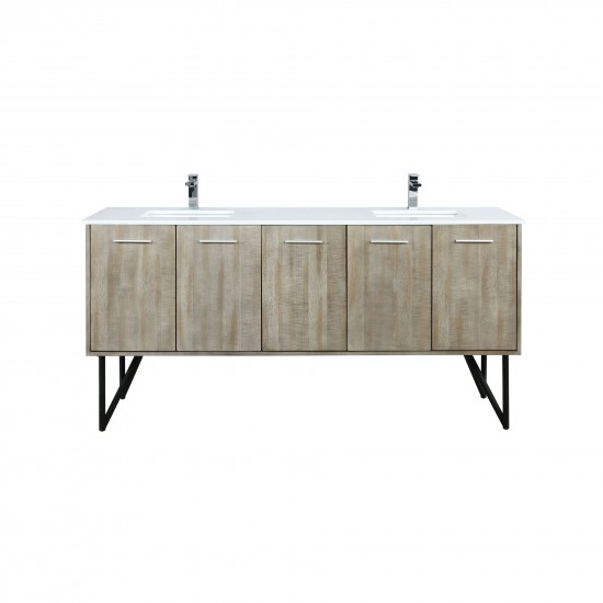 Lancy 72" Rustic Acacia Double Bathroom Vanity, White Quartz Top, White Square Sinks, and Monte Chrome Faucet Set