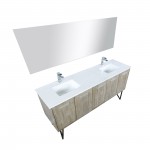 Lancy 72" Rustic Acacia Double Vanity, White Quartz Top, White Square Sinks, Monte Chrome Faucet Set, and 70" Frameless Mirro