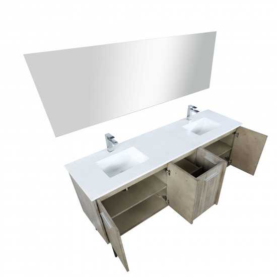 Lancy 72" Rustic Acacia Double Vanity, White Quartz Top, White Square Sinks, Monte Chrome Faucet Set, and 70" Frameless Mirro