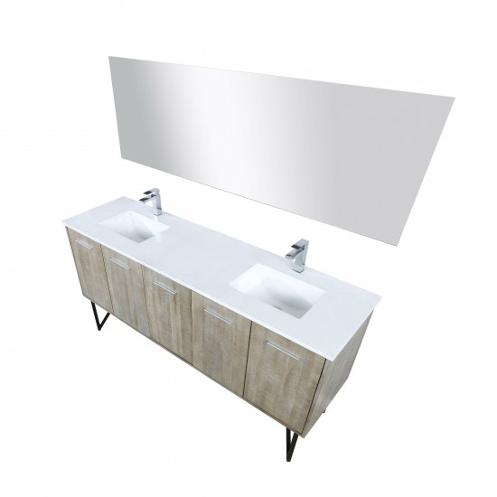 Lancy 72" Rustic Acacia Double Vanity, White Quartz Top, White Square Sinks, Monte Chrome Faucet Set, and 70" Frameless Mirro