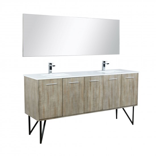 Lancy 72" Rustic Acacia Double Vanity, White Quartz Top, White Square Sinks, Monte Chrome Faucet Set, and 70" Frameless Mirro