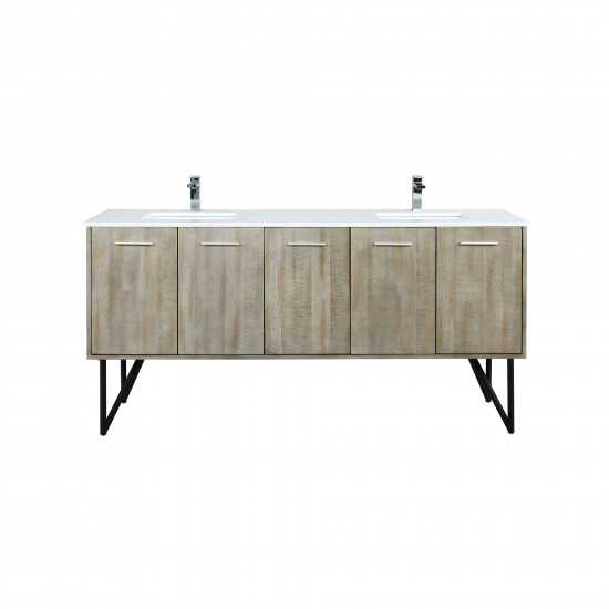 Lancy 72" Rustic Acacia Double Bathroom Vanity, White Quartz Top, White Square Sinks, and Labaro Brushed Nickel Faucet Set