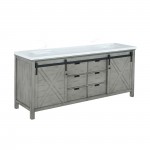 Marsyas 84" Ash Grey Double Vanity, White Quartz Top, White Square Sinks and no Mirror