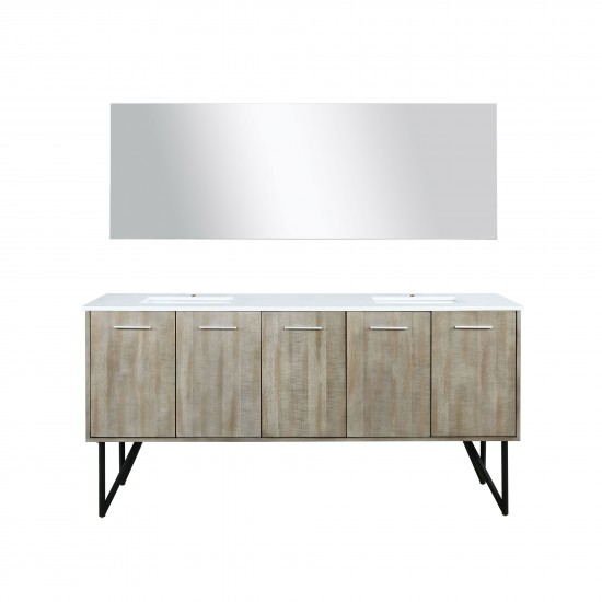 Lancy 72" Rustic Acacia Double Vanity, White Quartz Top, Square Sinks, Labaro Brushed Nickel Faucet Set, and 70" Mirror