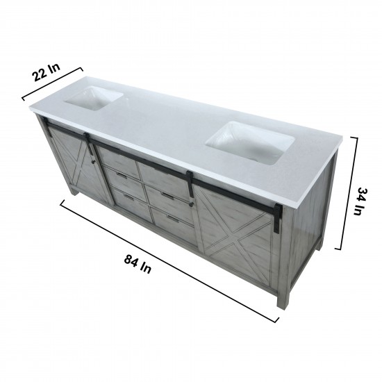 Marsyas 84" Ash Grey Double Vanity, White Quartz Top, White Square Sinks and no Mirror