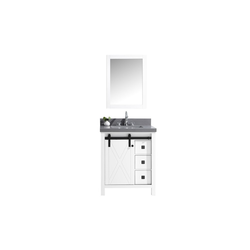 Marsyas Veluti 30" White Single Vanity, Grey Quartz Top, White Square Sink and 28" Mirror w/ Faucet