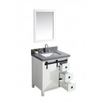 Marsyas Veluti 30" White Single Vanity, Grey Quartz Top, White Square Sink and 28" Mirror w/ Faucet