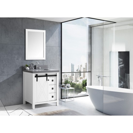 Marsyas Veluti 30" White Single Vanity, Grey Quartz Top, White Square Sink and 28" Mirror w/ Faucet