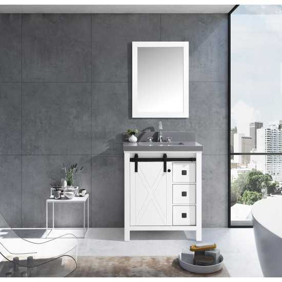 Marsyas Veluti 30" White Single Vanity, Grey Quartz Top, White Square Sink and 28" Mirror w/ Faucet