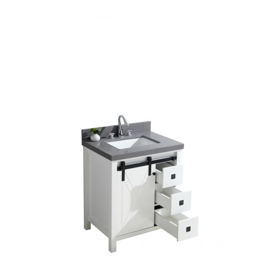 Marsyas Veluti 30" White Single Vanity, Grey Quartz Top, White Square Sink and no Mirror