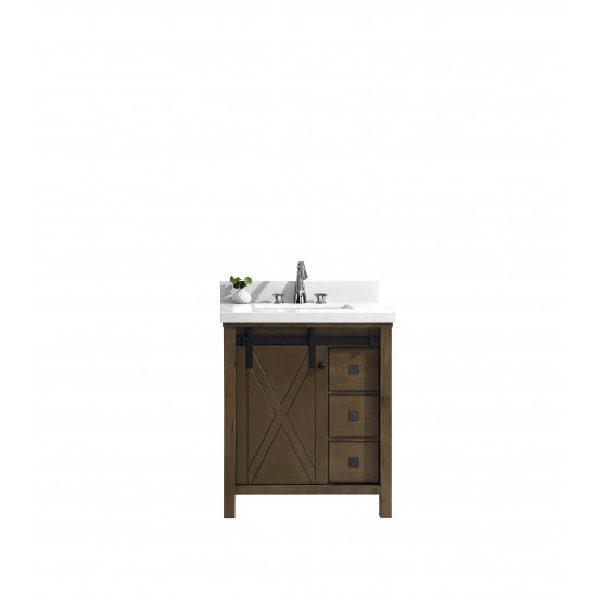 Marsyas Veluti 30" Rustic Brown Single Vanity, White Quartz Top, White Square Sink and no Mirror