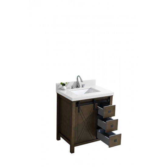 Marsyas Veluti 30" Rustic Brown Single Vanity, White Quartz Top, White Square Sink and no Mirror