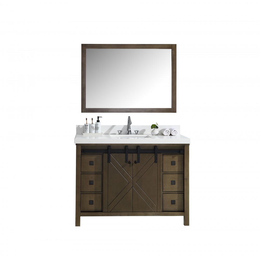 Marsyas Veluti 48" Rustic Brown Single Vanity, White Quartz Top, White Square Sink and 44" Mirror w/ Faucet