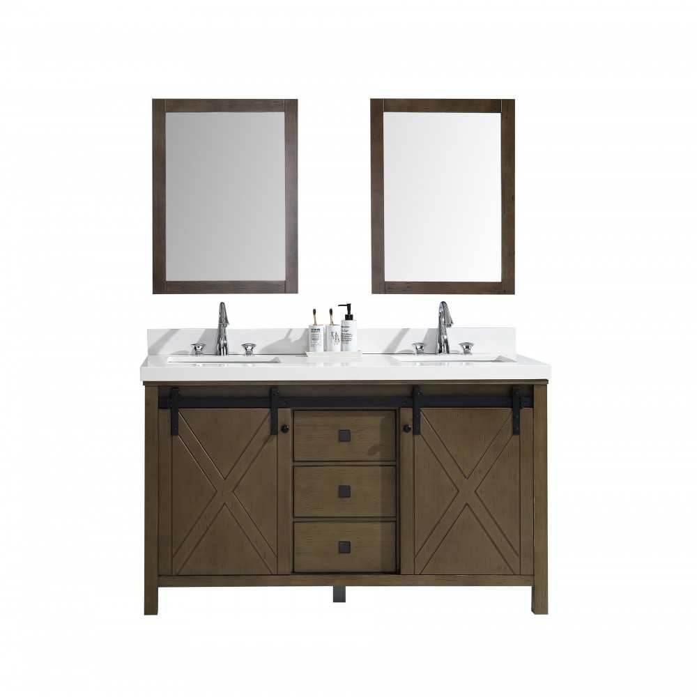 Marsyas Veluti 60" Rustic Brown Double Vanity, White Quartz Top, White Square Sinks and 24" Mirrors w/ Faucets