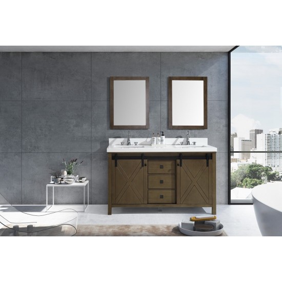 Marsyas Veluti 60" Rustic Brown Double Vanity, White Quartz Top, White Square Sinks and 24" Mirrors w/ Faucets