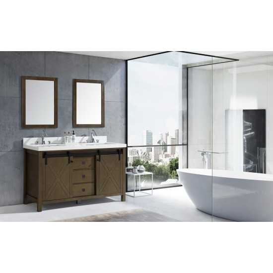 Marsyas Veluti 60" Rustic Brown Double Vanity, White Quartz Top, White Square Sinks and 24" Mirrors w/ Faucets