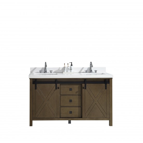 Marsyas Veluti 60" Rustic Brown Double Vanity, White Quartz Top, White Square Sinks and no Mirror