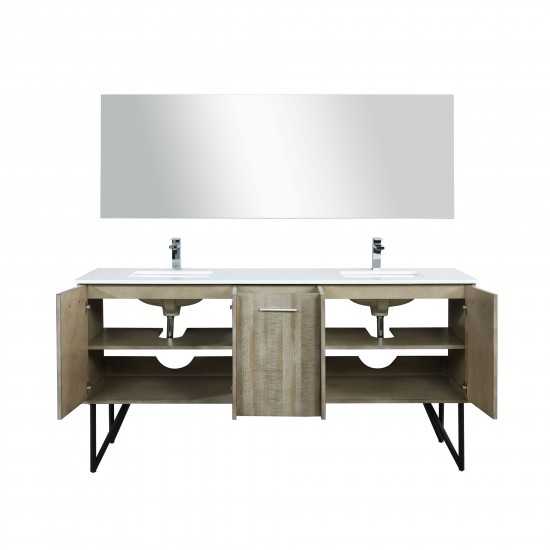 Lancy 72" Rustic Acacia Double Vanity, White Quartz Top, Square Sinks, Labaro Rose Gold Faucet Set, and 70" Mirror