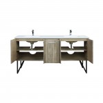 Lancy 72" Rustic Acacia Double Bathroom Vanity, White Quartz Top, White Square Sinks, and Balzani Gun Metal Faucet Set