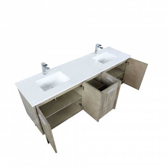 Lancy 72" Rustic Acacia Double Bathroom Vanity, White Quartz Top, White Square Sinks, and Balzani Gun Metal Faucet Set