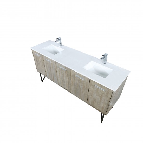 Lancy 72" Rustic Acacia Double Bathroom Vanity, White Quartz Top, White Square Sinks, and Balzani Gun Metal Faucet Set