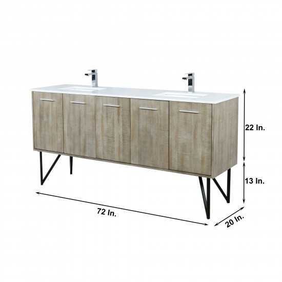 Lancy 72" Rustic Acacia Double Bathroom Vanity, White Quartz Top, White Square Sinks, and Balzani Gun Metal Faucet Set