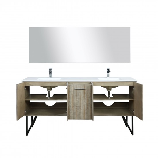 Lancy 72" Rustic Acacia Double Vanity, White Quartz Top, Square Sinks, Balzani Gun Metal Faucet Set, and 70" Mirror