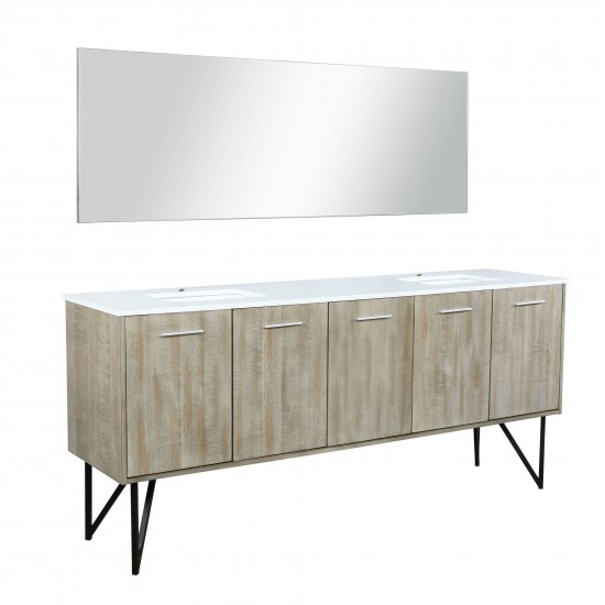 Lancy 80" Rustic Acacia Double Bathroom Vanity, White Quartz Top, White Square Sinks, and 70" Frameless Mirror