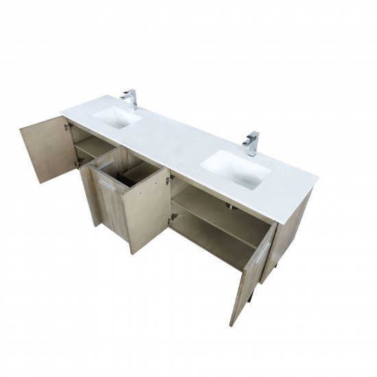 Lancy 80" Rustic Acacia Double Bathroom Vanity, White Quartz Top, White Square Sinks, and Monte Chrome Faucet Set