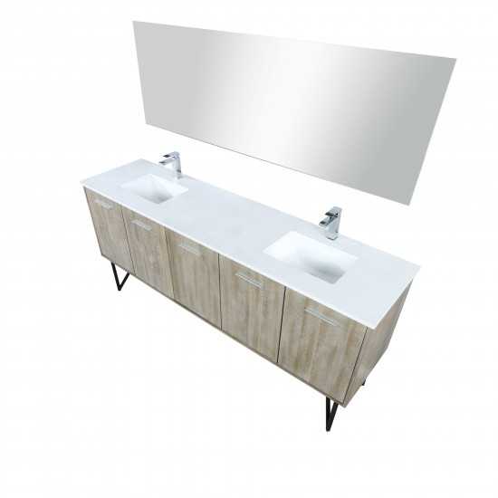 Lancy 80" Rustic Acacia Double Vanity, White Quartz Top, White Square Sinks, Monte Chrome Faucet Set, and 70" Frameless Mirro