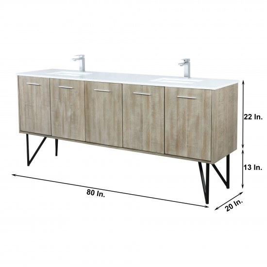 Lancy 80" Rustic Acacia Double Vanity, White Quartz Top, White Square Sinks, Monte Chrome Faucet Set, and 70" Frameless Mirro