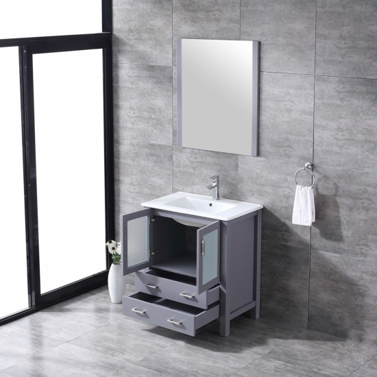 Volez 30" Dark Grey Single Vanity, Integrated Top, White Integrated Square Sink and 28" Mirror w/ Faucet