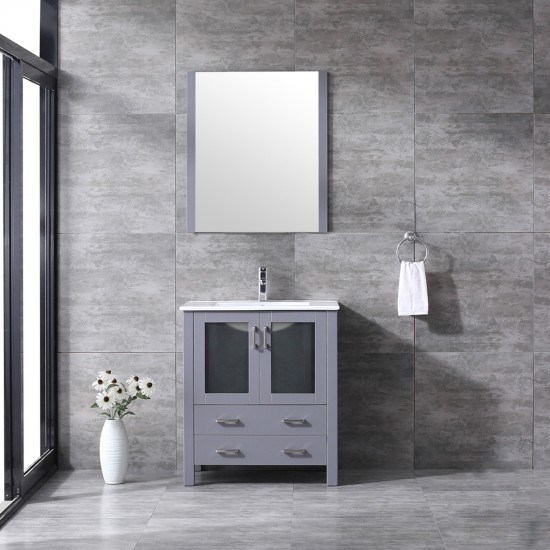 Volez 30" Dark Grey Single Vanity, Integrated Top, White Integrated Square Sink and 28" Mirror w/ Faucet