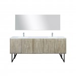 Lancy 80" Rustic Acacia Double Vanity, White Quartz Top, Square Sinks, Labaro Brushed Nickel Faucet Set, and 70" Mirror