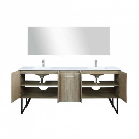 Lancy 80" Rustic Acacia Double Vanity, White Quartz Top, Square Sinks, Labaro Brushed Nickel Faucet Set, and 70" Mirror