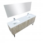 Lancy 80" Rustic Acacia Double Vanity, White Quartz Top, Square Sinks, Labaro Brushed Nickel Faucet Set, and 70" Mirror