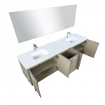 Lancy 80" Rustic Acacia Double Vanity, White Quartz Top, Square Sinks, Labaro Brushed Nickel Faucet Set, and 70" Mirror