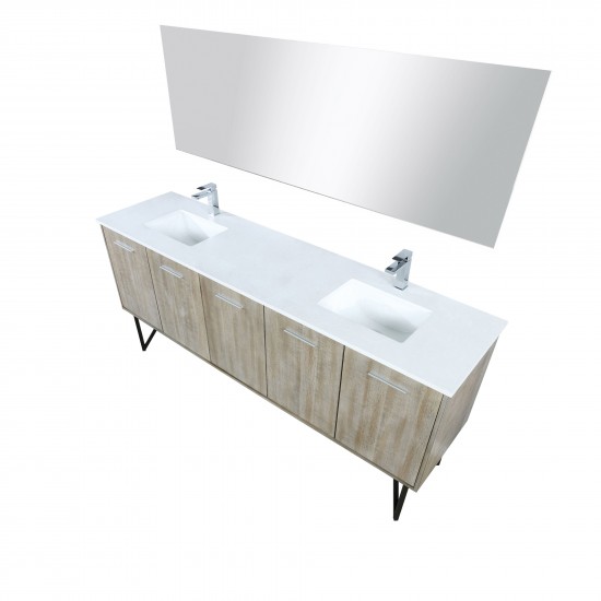 Lancy 80" Rustic Acacia Double Vanity, White Quartz Top, Square Sinks, Labaro Brushed Nickel Faucet Set, and 70" Mirror