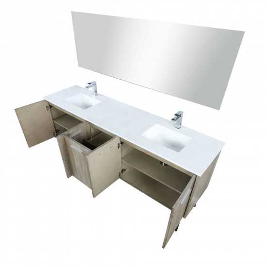 Lancy 80" Rustic Acacia Double Vanity, White Quartz Top, Square Sinks, Labaro Brushed Nickel Faucet Set, and 70" Mirror