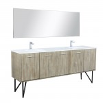 Lancy 80" Rustic Acacia Double Vanity, White Quartz Top, Square Sinks, Labaro Brushed Nickel Faucet Set, and 70" Mirror