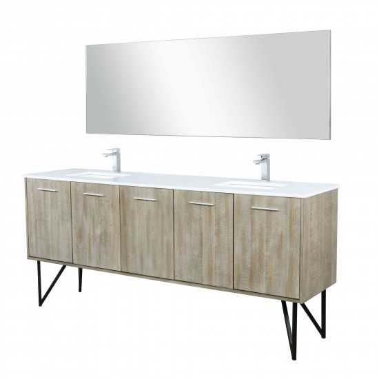 Lancy 80" Rustic Acacia Double Vanity, White Quartz Top, Square Sinks, Labaro Brushed Nickel Faucet Set, and 70" Mirror